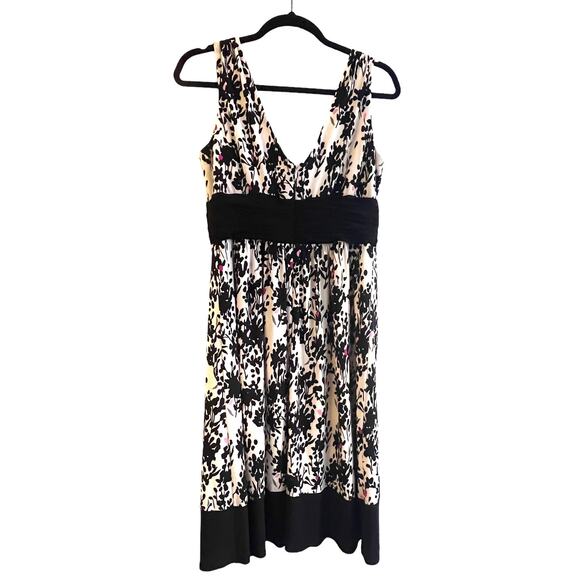 Jones Studio SUN DRESS Size 8 Womens Black White Pink Floral V-Neck Zip Mob Wife - Picture 4 of 9